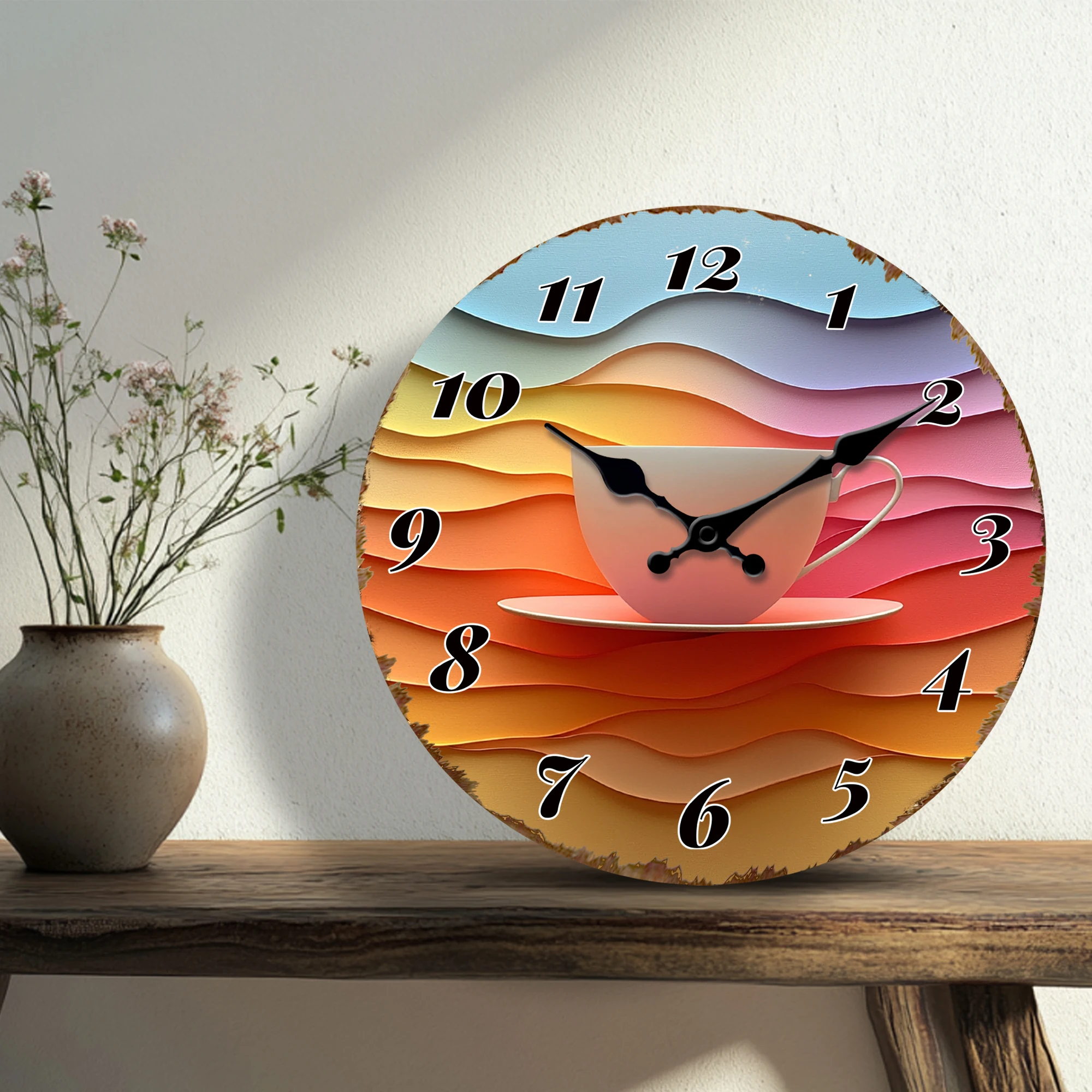 Colorful Teacup Layered Wave Wall Clock, Abstract Coffee Cup Design Round Timepiece, Modern Artistic Home Office Decor Hang Cloc