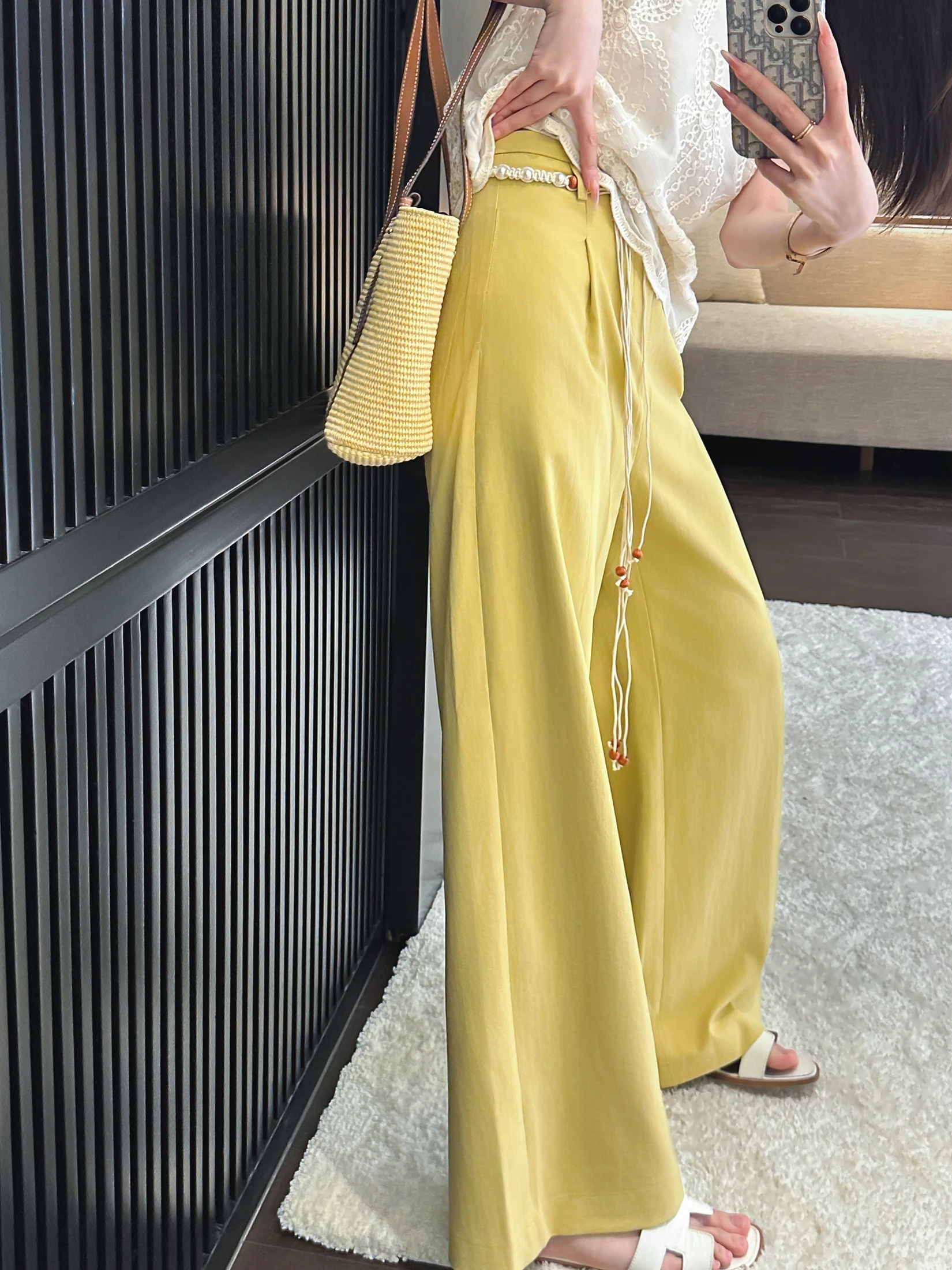 

Yellow Wide Leg Pants Drapey Paper Thin Pear aped Vegetable High Waist Straight Cut Commute Friendly Anti-Pilling Ladies Tr...