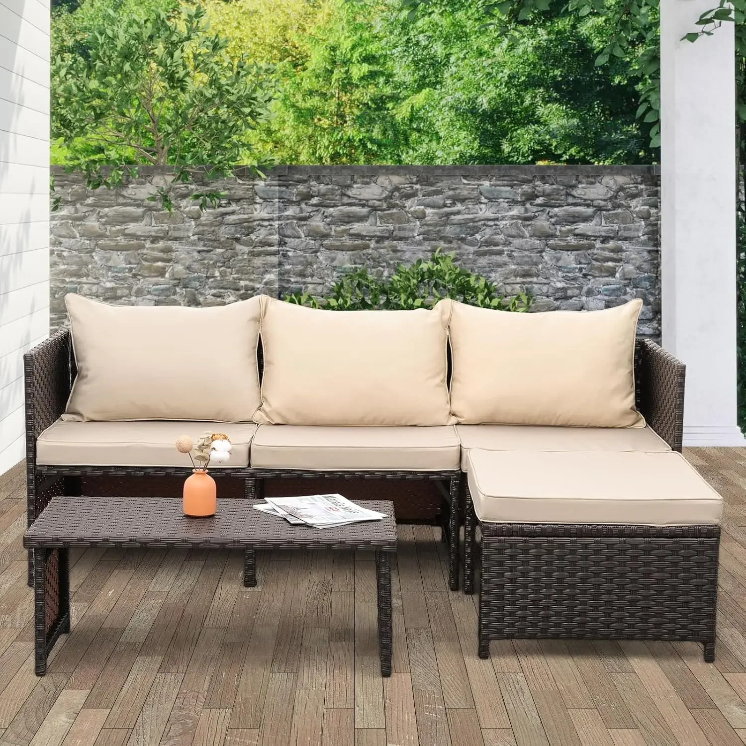 3 Piece Patio Set Outdoor Furniture Set Patio Conversation Sets Sofa  Loveseat Coffee Table with Non-Slip Cushions,Khaki