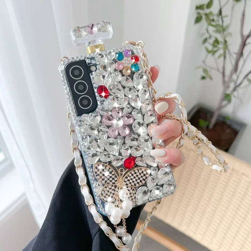 Crossbody Rhinestone Perfume Bottle Shape Phone Case, Crystal Flowers Cover, for Samsung S23, S22, S20 Ultra, S24, S20, Note20