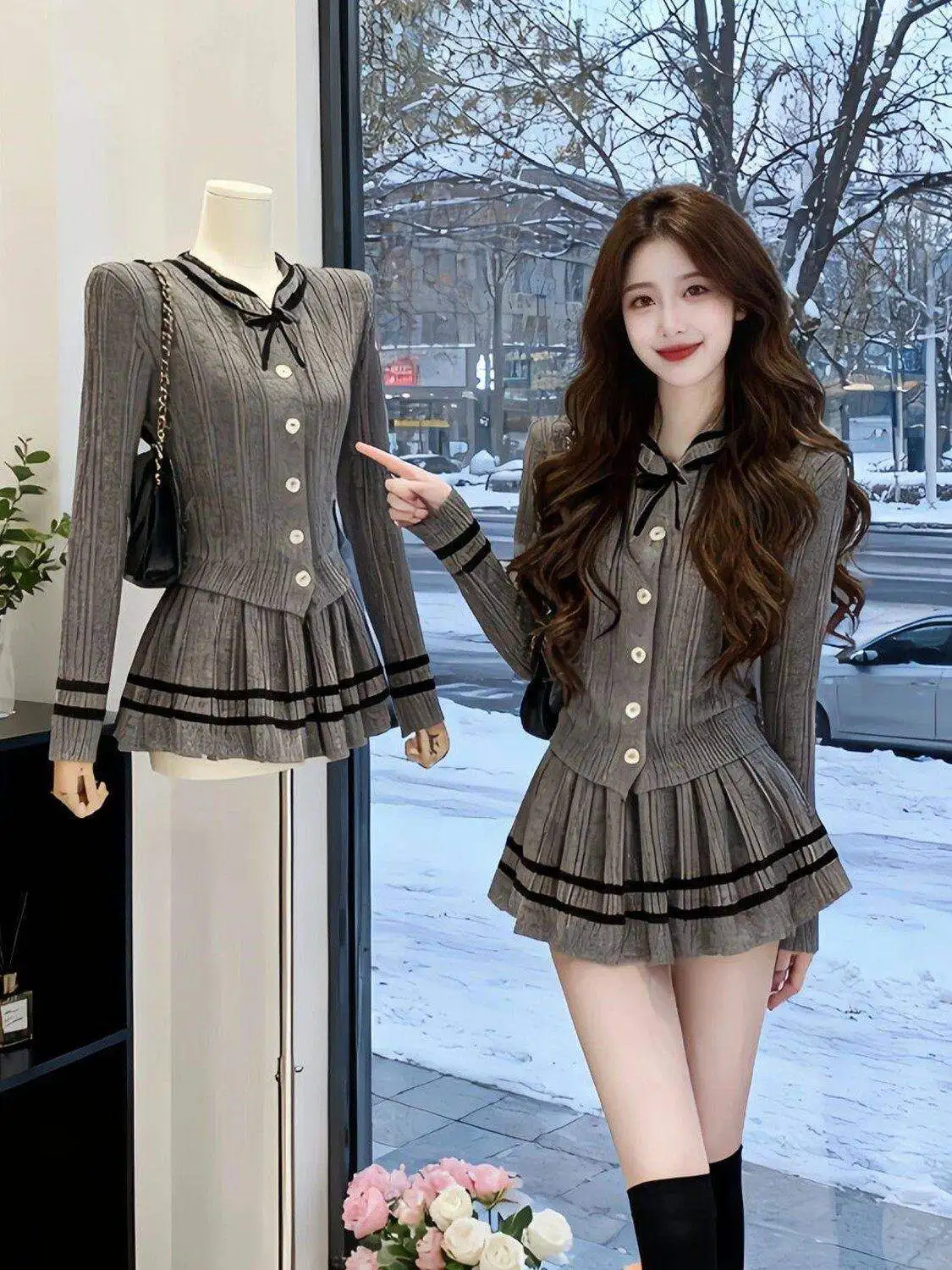 Korean Style Knitted Set Women's Anti-Aging Slimming Collared Sweater High Waist A-Line  Skirt Two-Piece Ensemble