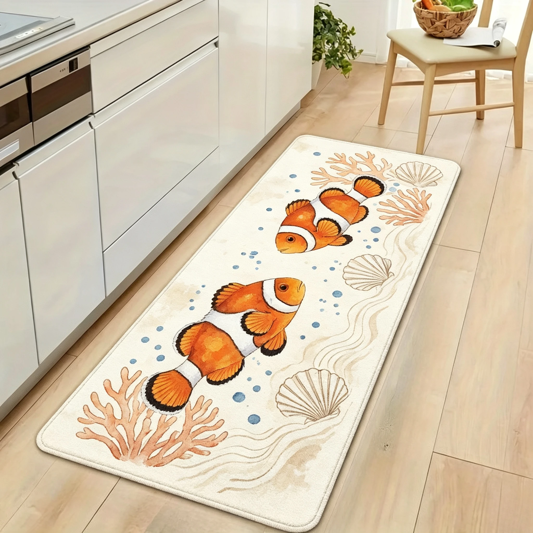 Watercolor Sea Life Runner Rug Ocean Starfish Shell Lobster Clownfish Art Floor Mat Beach Style Home Decoration Kitchen Hallway