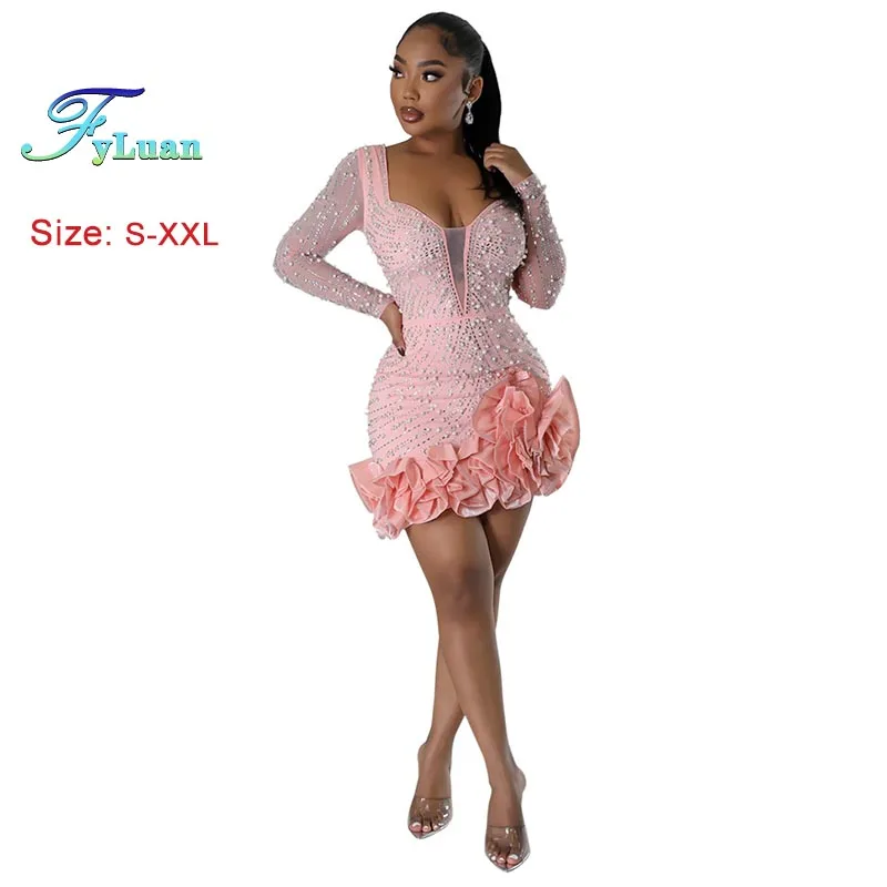 mode-robe-a-manches-longues-ensemble-diamants-bulle-perle-conception-sens-robe-moulante-sexy-col-carre-robe-courte-dame-robe-d'anniversaire