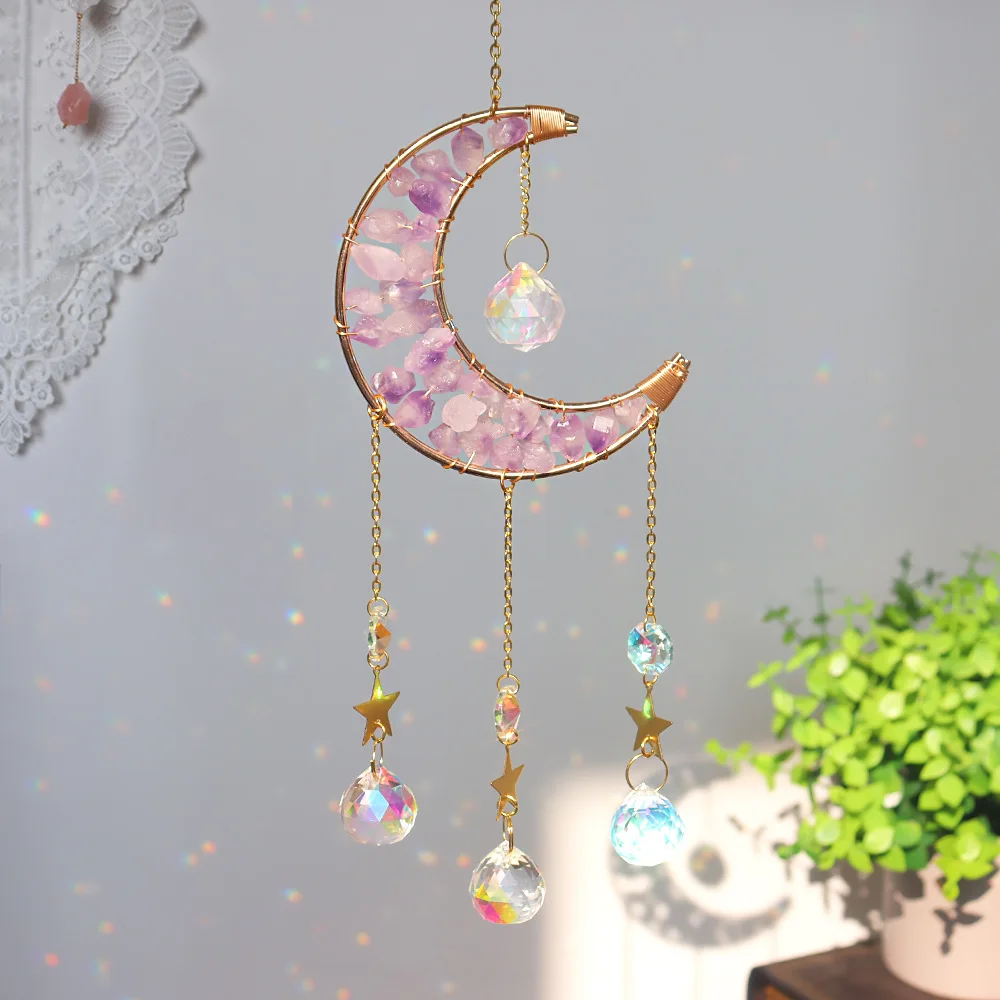 Custom Amethyst Chip Stone Star Crescent Moon Sun Catcher - Glass Pendants Hanging Ornament for Window Decor
