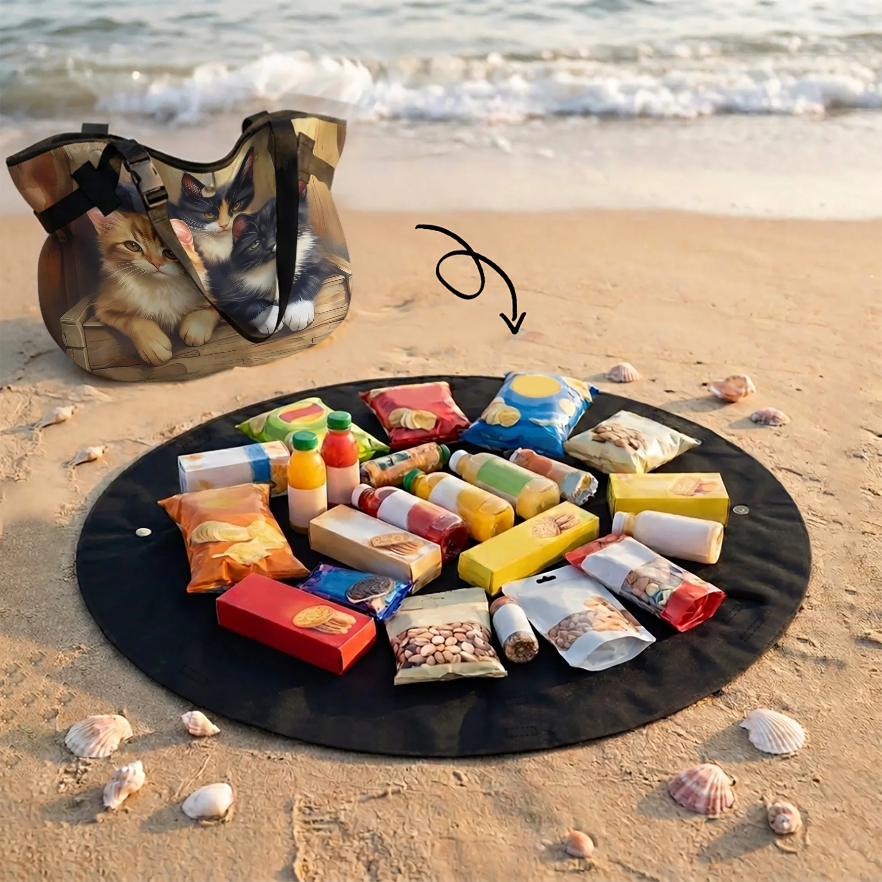 Kitten Print 2 In 1 Tote Bag & Round Picnic Mat, Waterproof Foldable Mat For Camping Beach Picnic Travel