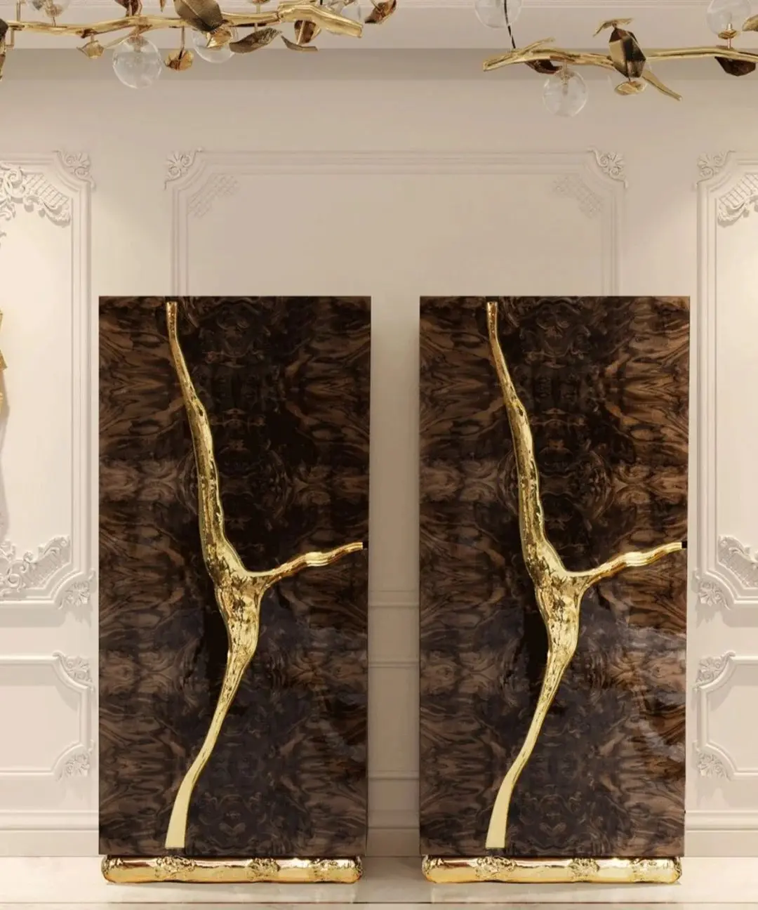 mirror brass stainless steel Portuguese designer brass base wooden wine cabinet hammer pattern villa high-end side cabinet
