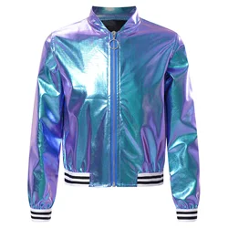 Kids Girls Metallic Bomber Jacket Coat Long Sleeve Jazz Dance Windbreaker Outerwear for Streetwear School Dance Performance