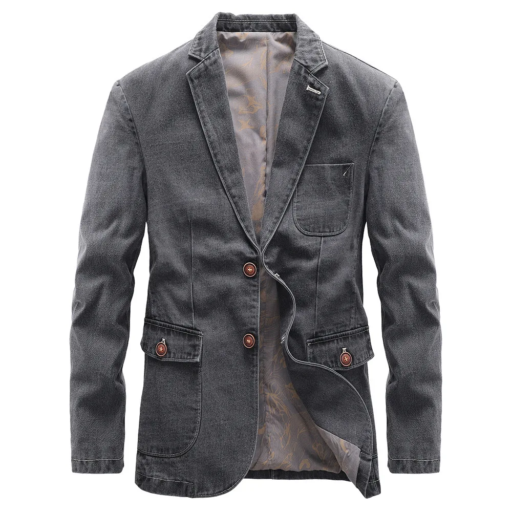 

New Man Denim Coat Vintage Thin Turn Down Collar Long Sleeve Male Jacket Washed Solid Pocket Business Casual Men Outerwear