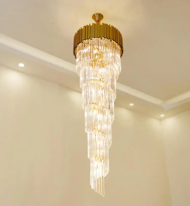 New Modern Chandelier Long Crystal Chandelier Light Luxury Villa Duplex Middle Floor Living Room Golden LED Crystal Chandelier