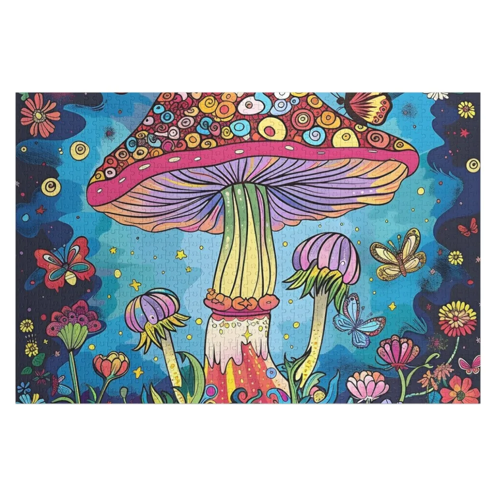 psychedelic trippy mushroom print Jigsaw Puzzle Custom Photo Personalized Gift Married Custom Name Wood Wood Adults Puzzle