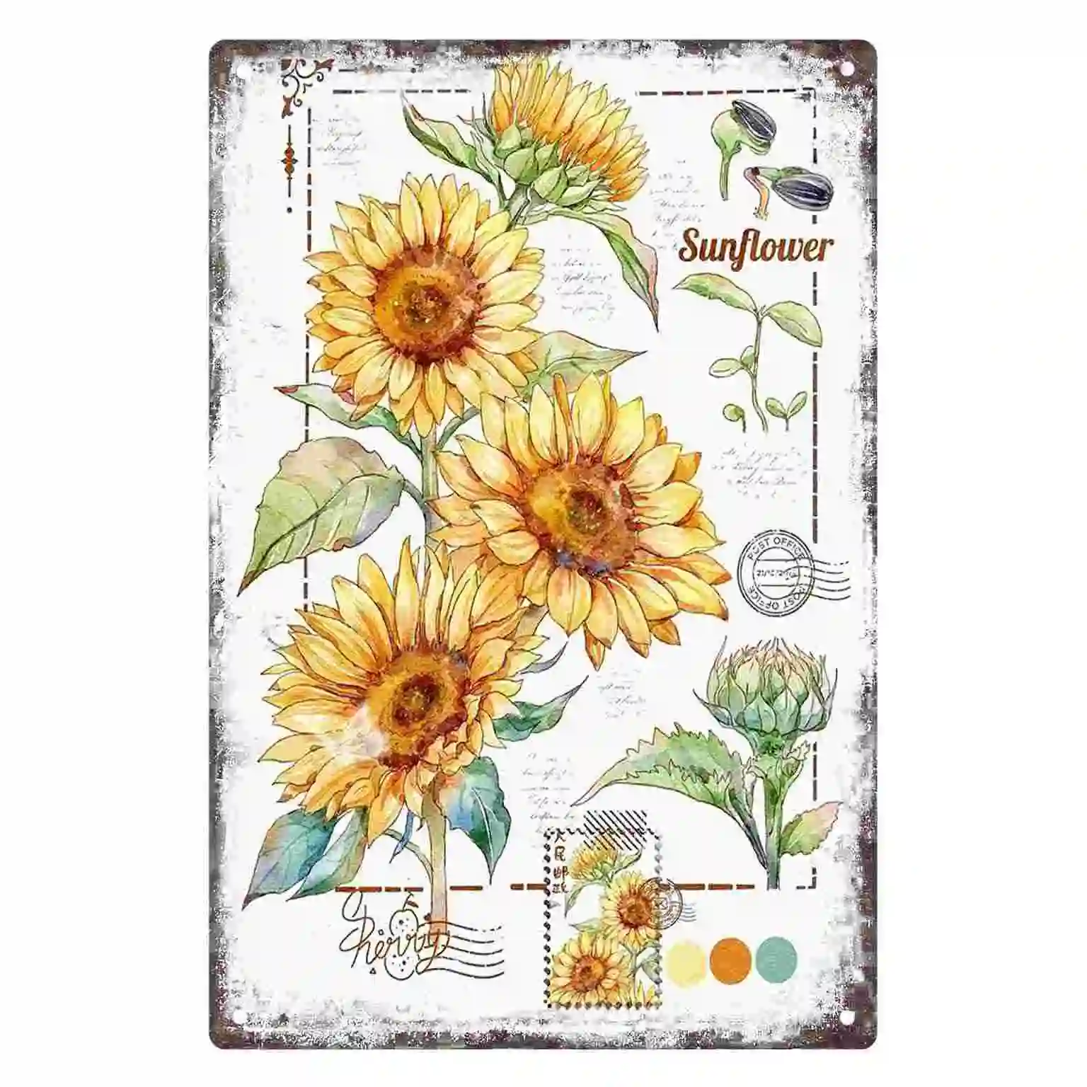 2D FLAT 1pc Vintage Watercolor Sunflower Floral Wall Art Decoration for Home Cafe Bedroom Porch And Garden