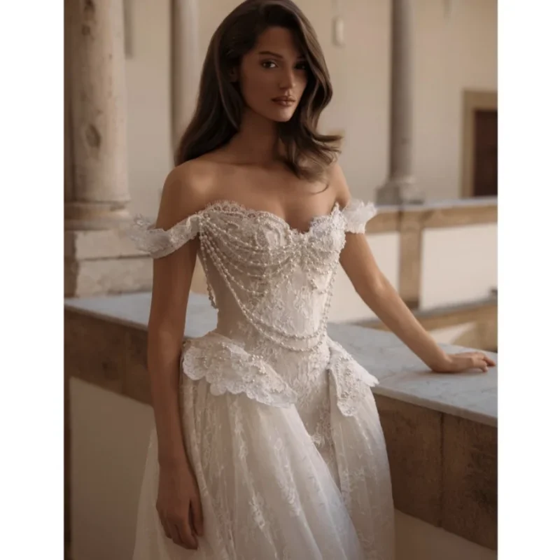 

Luxury Romantic Mermaid Wedding Dress Off Shoulder Lace Pearl Bridal Dress Detachable Train Vintage Bride Dress Custom
