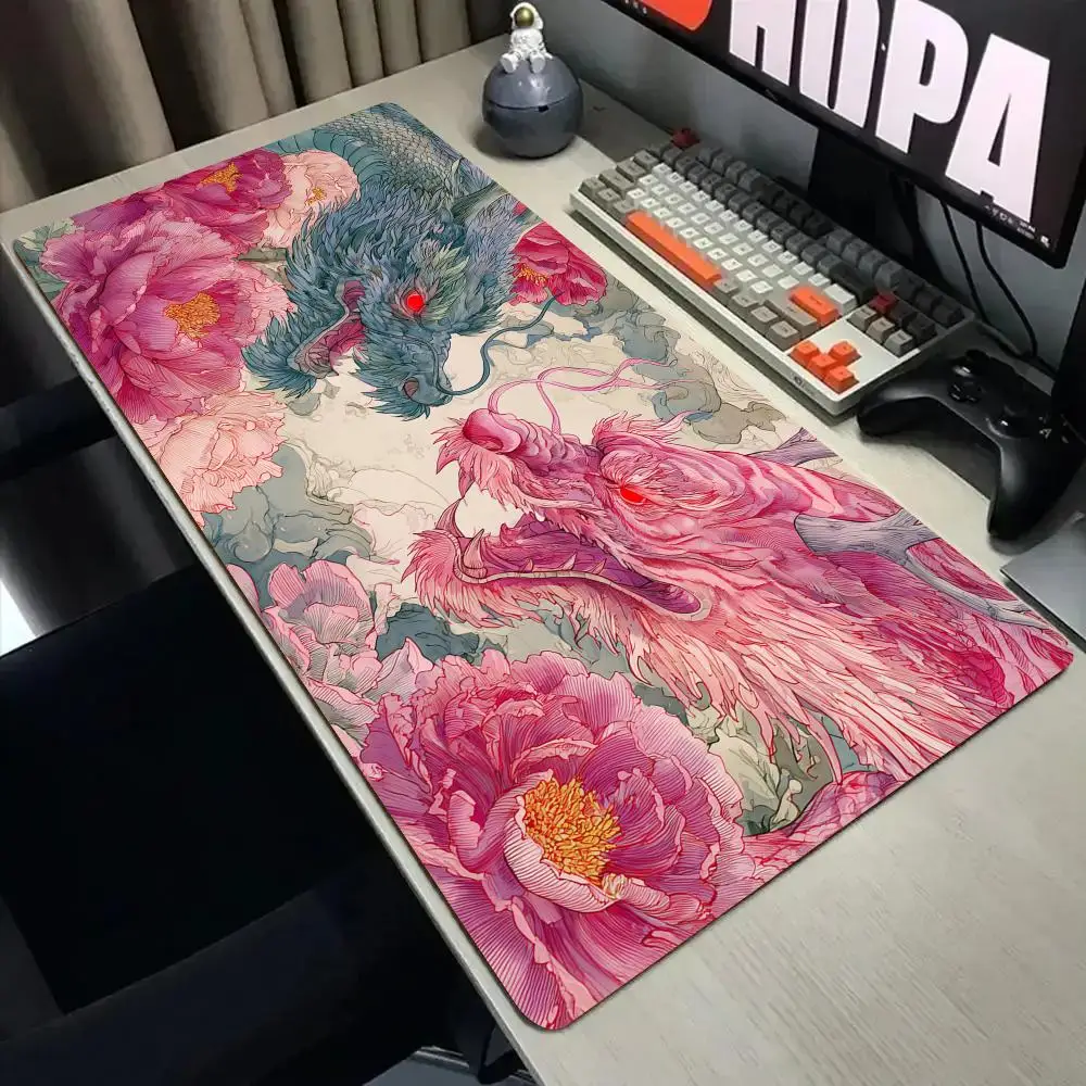 

Коврик для мыши с романтическими цветами и драконами, настольный коврик с прошитыми краями, нескользящие игровые коврики, аксессуары для ПК, коврик для клавиатуры, коврик для мыши
