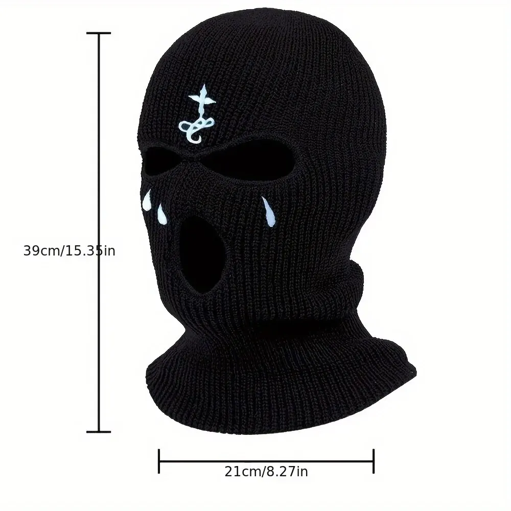 Cross Embroidery Ski Mask Winter Balaclava Hat 3-Hole Knitted Full Face Cover Neck Gaiter Warm Beanie for Outdoor Sport