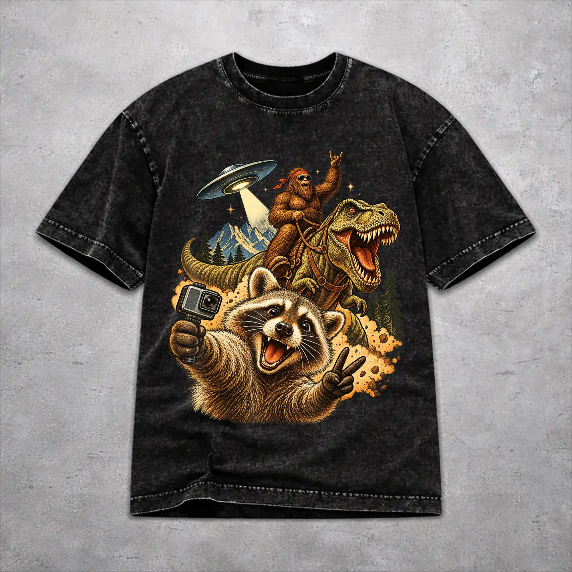 Men Women Funny Bigfoot Ride Dinosaur Raccoon T Shirt Graphic Washed Vintage  Novelty Outfit Tees