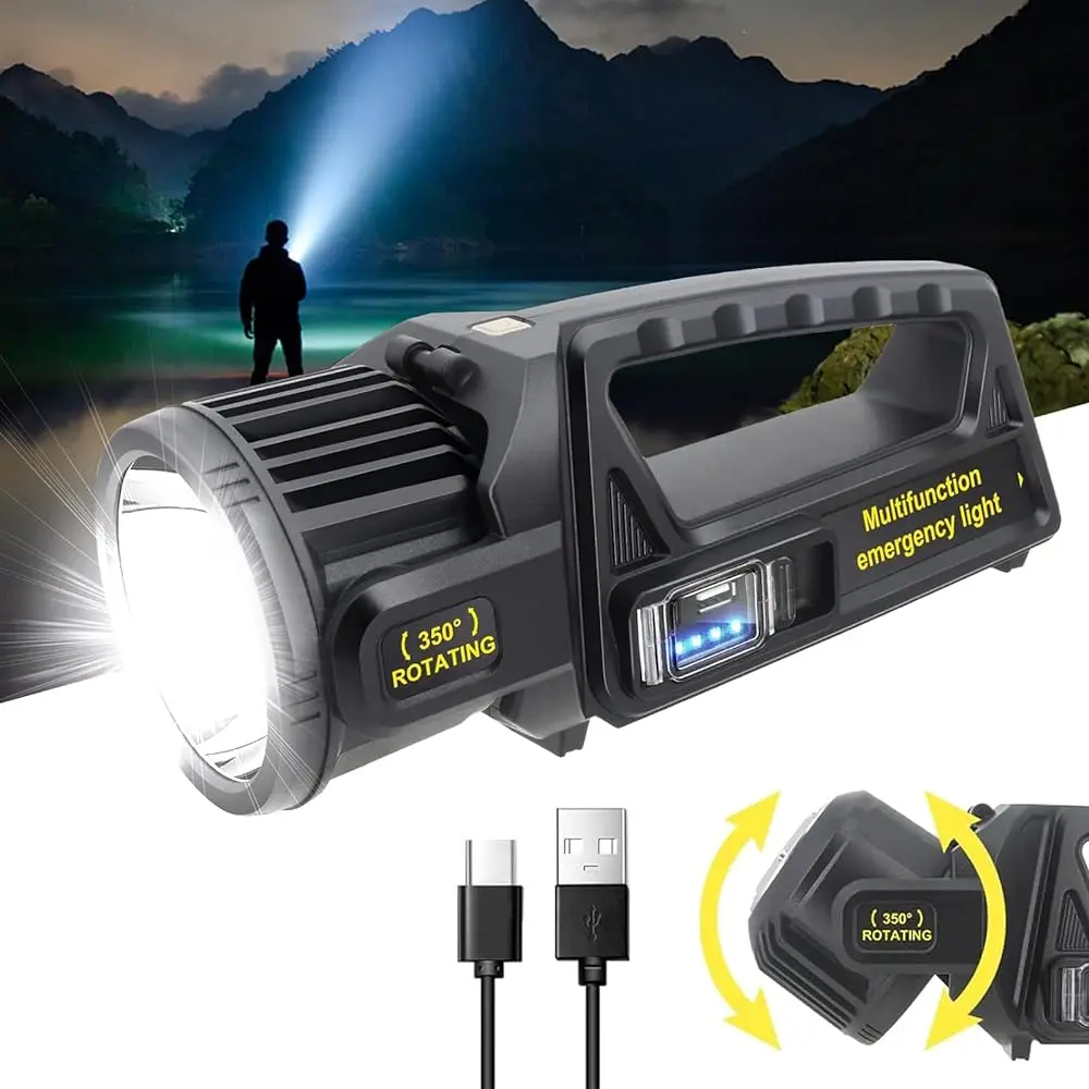 Solar Searchlight 350° Rotating Head Spotlight Rechargeable Super Bright LED Flashlight Outdoor Waterproof Emergency Work Lamp