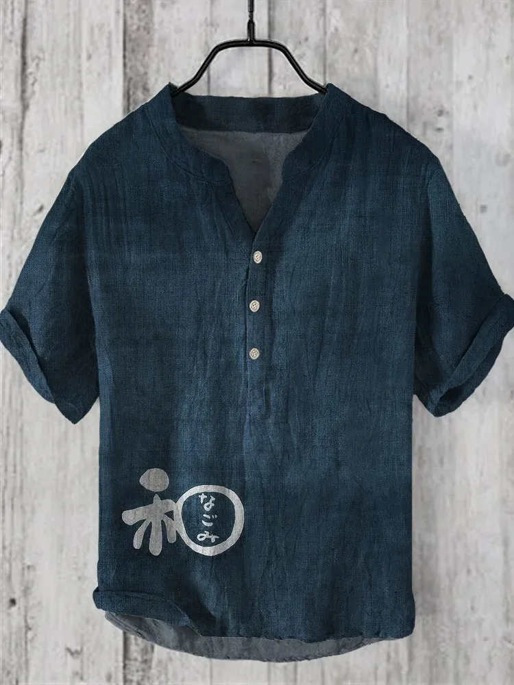 Men's Short Sleeve Tops Japanese Word Art Linen V-Neck Shirt 6 Colors V-neck Retro Casual Daily Texture Fabric Blouses Harajuku