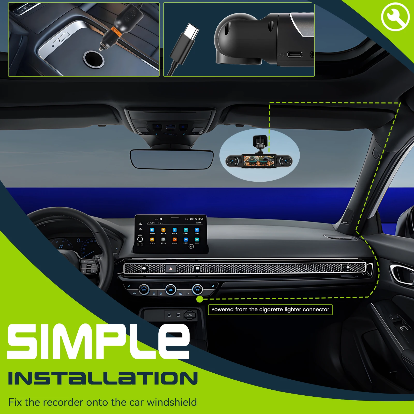 Podofo 3,16'' Dashcam mit vier HD-Objektiven, Bewegungserkennung, Auto-DVR, mehrsprachiger Auto-Videorekorder 150 ° Großer Betrachtungswinkel – Detail 11