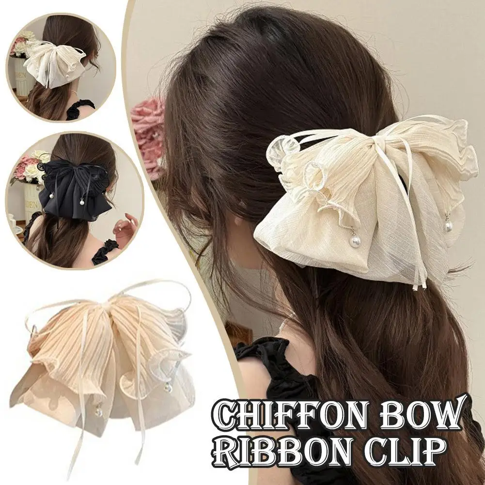 

Korean Style Bow Ribbon Ponytail Clip Fashionable and Versatile Pearl Bow Half-tie Ponytail Headband
