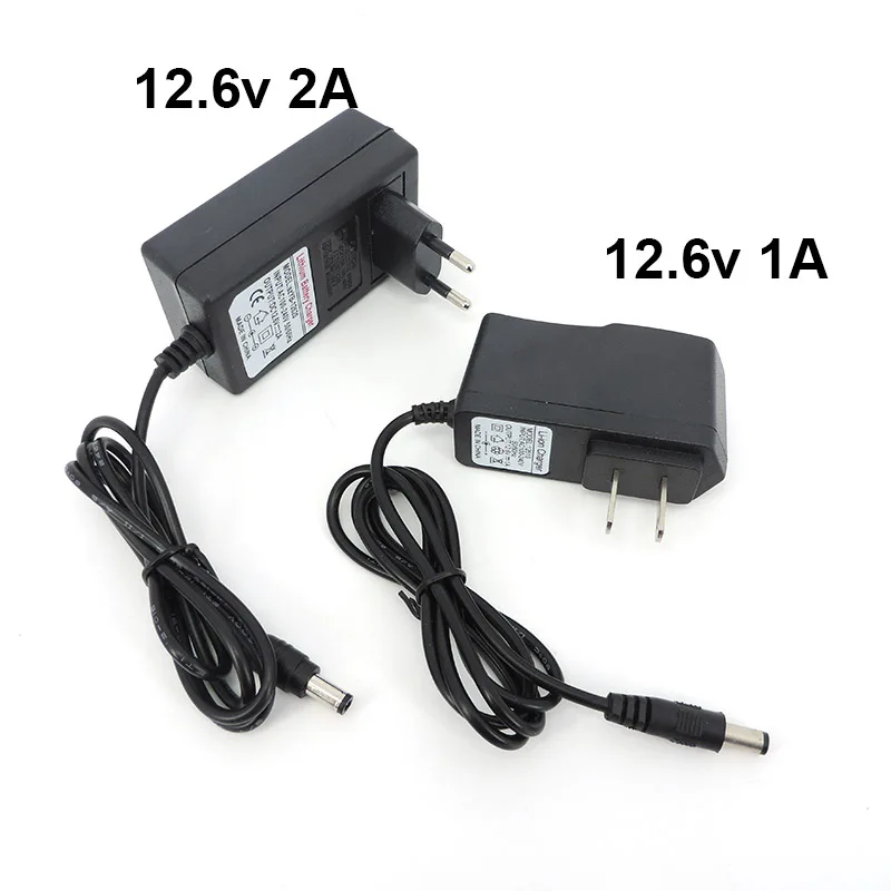 AC 100V-240V DC 12.6 V 1A 2A caricabatterie 12 V Volt adattatore di alimentazione 5.5*2.5MM 12.6 V 2 A per 18650 batteria al litio EU US Plug