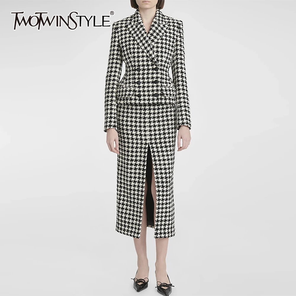 TWOTWINSTYLE Houndstooth Two Piece Set For Women Notched Collar Long Sleeve Tunic Blazer High Waist Skirt Elegant Sets Female