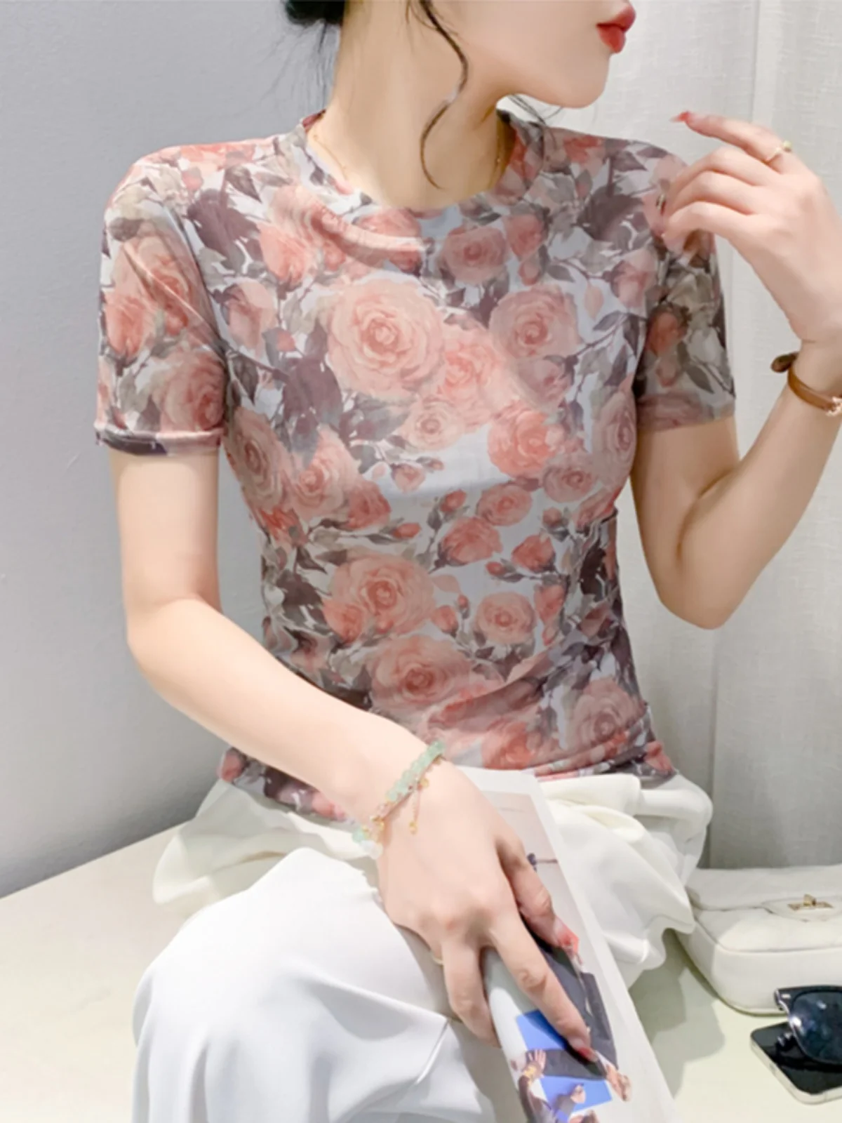 Retro Me T-Shirt Damen Ort Sve Summer Age-Defng Schöner Druck Slim Fit Vielseitiges rundes Ne Top Koreanisches Sle