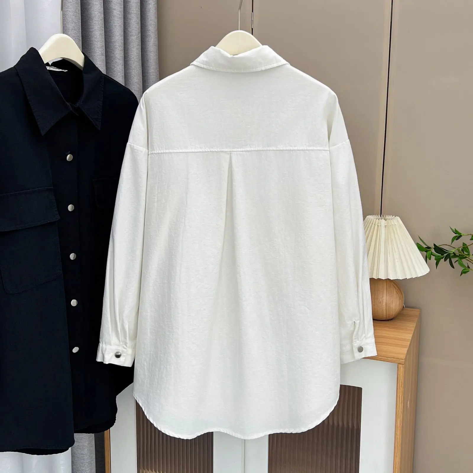 Simple Temperament Washed Cotton Shirt Women Plus Size Autumn Winter 2023 Casual Clothing Mid Length Blouses Two Pockets Tops