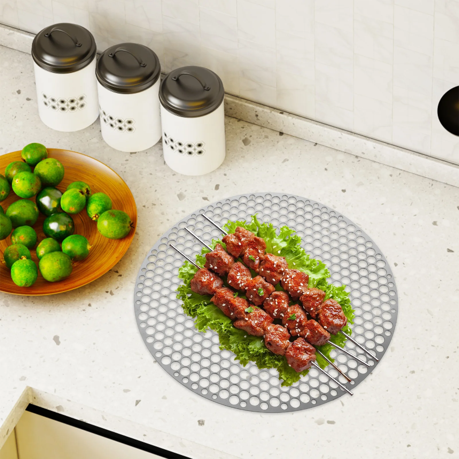 

Round Stainless Steel Grill Net 30Cm for Bbq Roasting Cooking Small Veggies Chicken Skewers Even Heat Distribution Portable