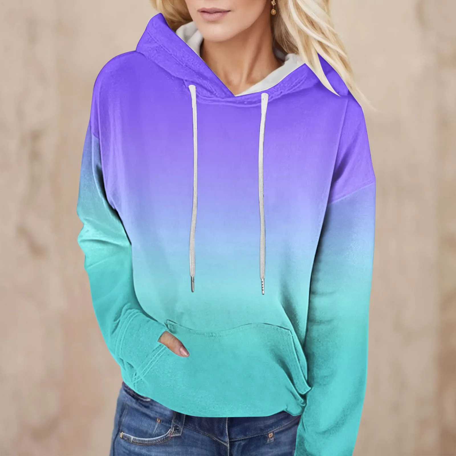 

Ladies Loose Fitting Sweatshirts Women Suitable Trendy Loose Sweatshirts Long Sleeve Gradient Drawstring Sweatshirt Hoodies