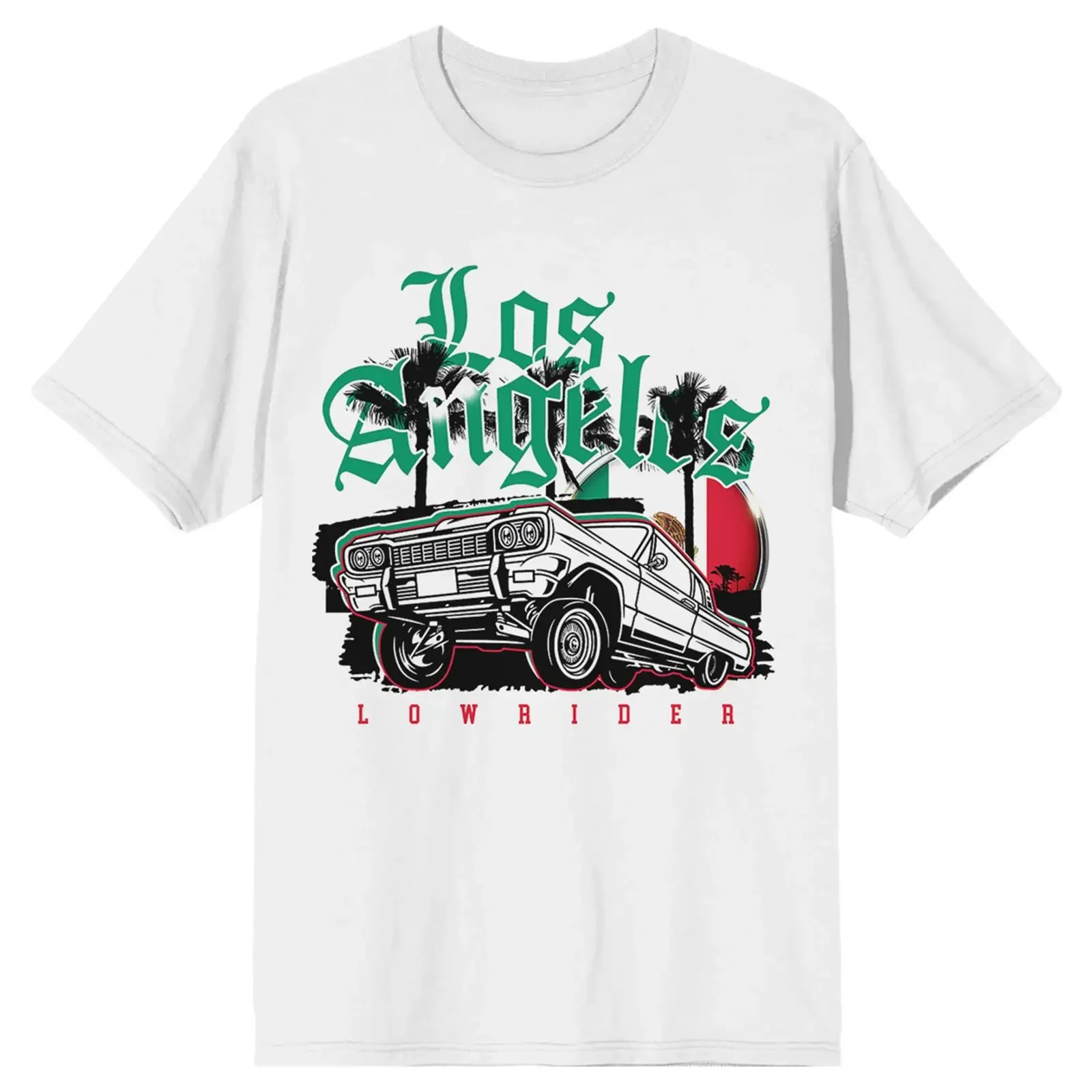 White Car Silhouette w Los Angeles Green Lettering and Palm Trees on  Adult T Shirt 5XL vintage Washed designer clothes