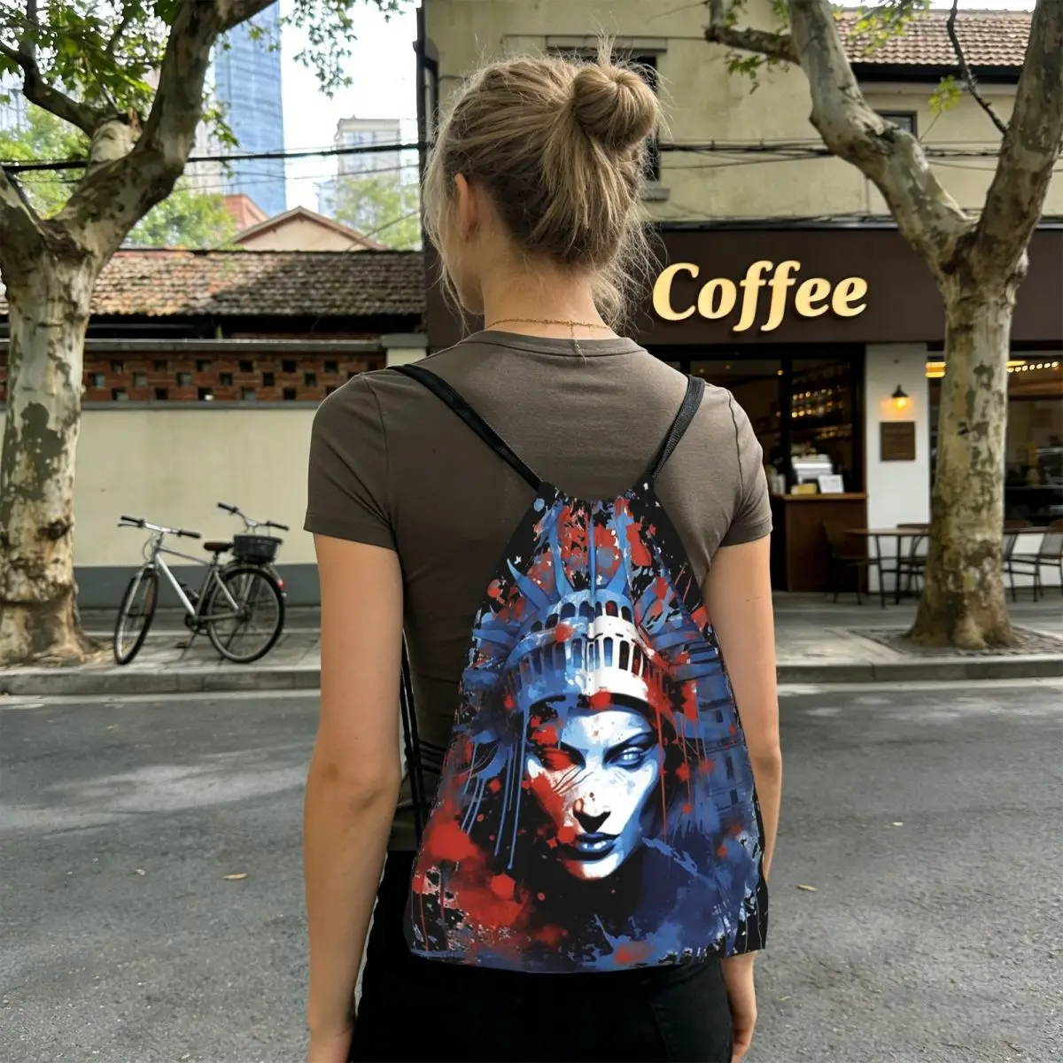 Statue Of Liberty Graffiti Print Backpacks Casual Drawstring Bundle Pocket Sports Bag Book Bags for Man Woman School
