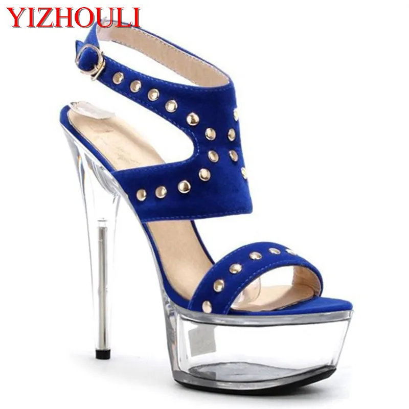 

Fashion riveted stiletto Roman sandals, 15 cm thick women's party stage dance shoes