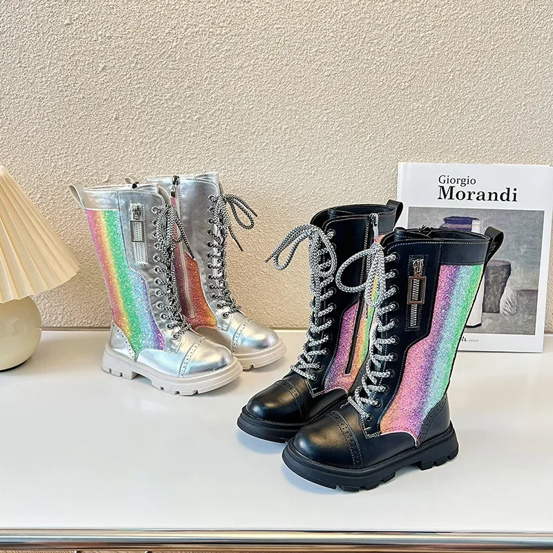 

Girls Autumn Winter Fashion Lacquered Boots Kids Front Lace Up Side Zipper Non Slip High Boots Womans Rainbow Fine Glitter Boots