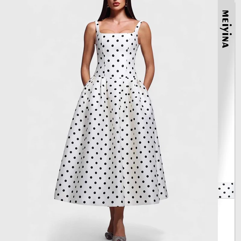 

Elegant Vintage Polka Dots Spaghetti Strap Dress Women Fashion Simple All-match A-line Long Dresses 2026 New Lady Vestidos
