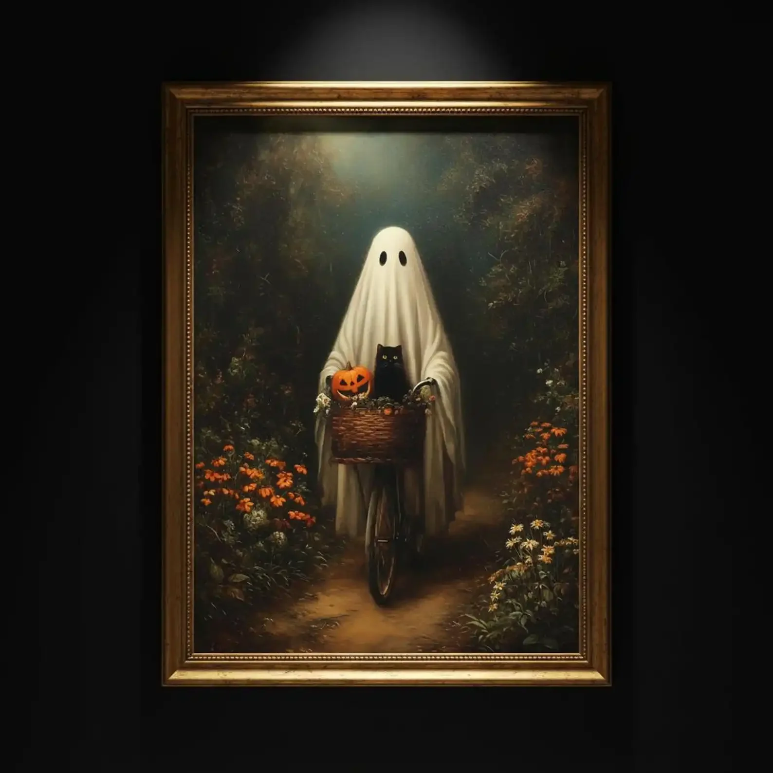 Frameless canvas paintings,Vintage Ghost on Bike Halloween Poster – Cute Spooky Ghost with Black Cat & Pumpkin Canvas Wall Art P