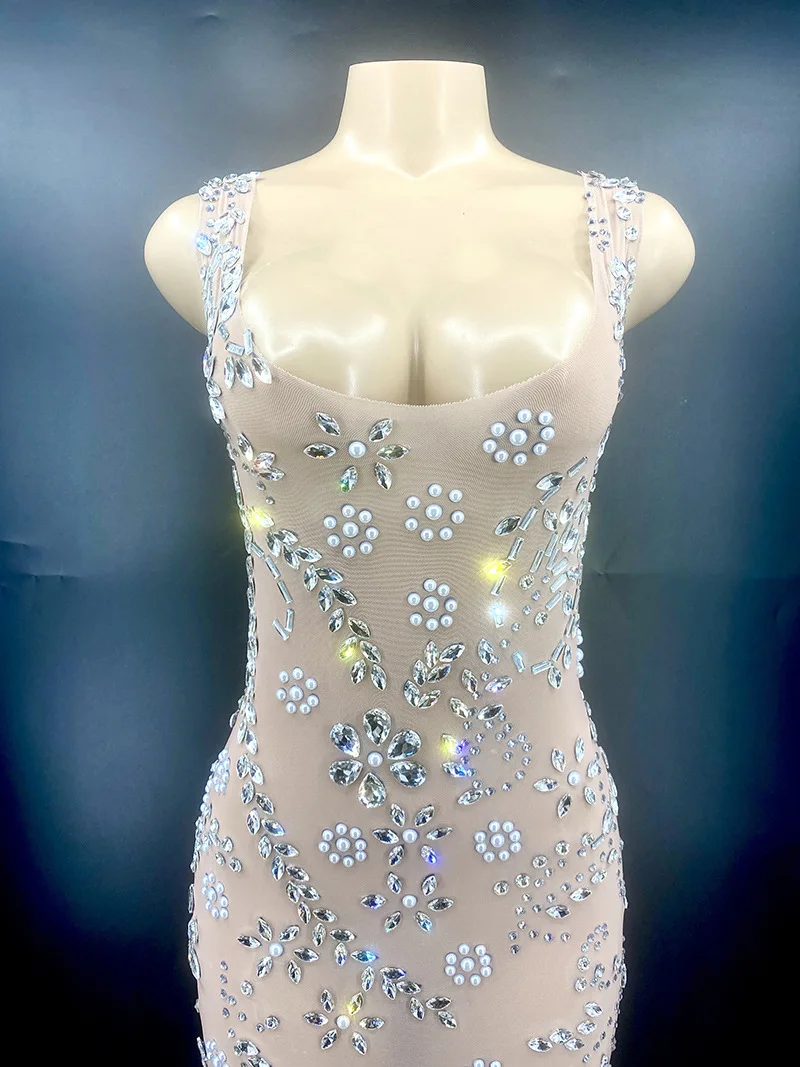 Vestido largo de lentejuelas con borlas de diamantes transparentes de encaje Sexy personalizado, plumas de agua, envoltura de diamantes, vestido de actuación