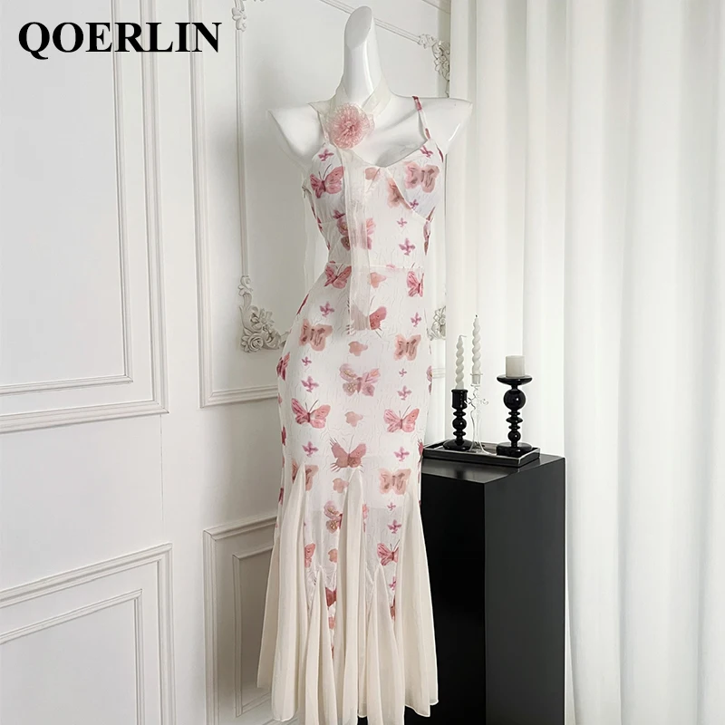 

QOERLIN Women Sleeveless Strappy Prom Party Evening Ruched Bodycon Mermaid Fishtail Maxi Dress Printed Floral Mesh Vestido Chic