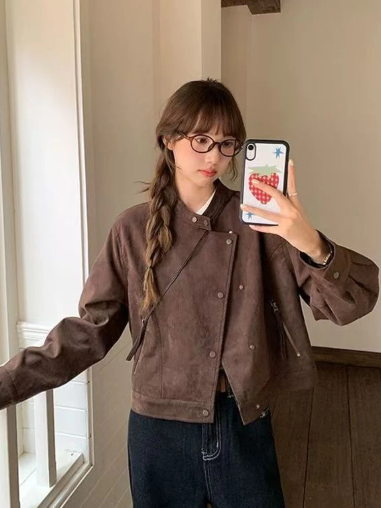 Vintage Suede Cropped Jacket Women's Autumn Brown Faux Leather Biker Flight Coat Round Collar Asymmetric Metal Button Jacket