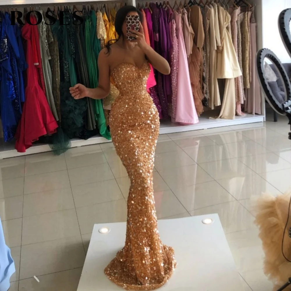 

ROSES Glitter Golden Evening Dress Trumpet Sleeveless Formal Gown Sweetheart Pleats Night Dress robe de bal for Women Customized