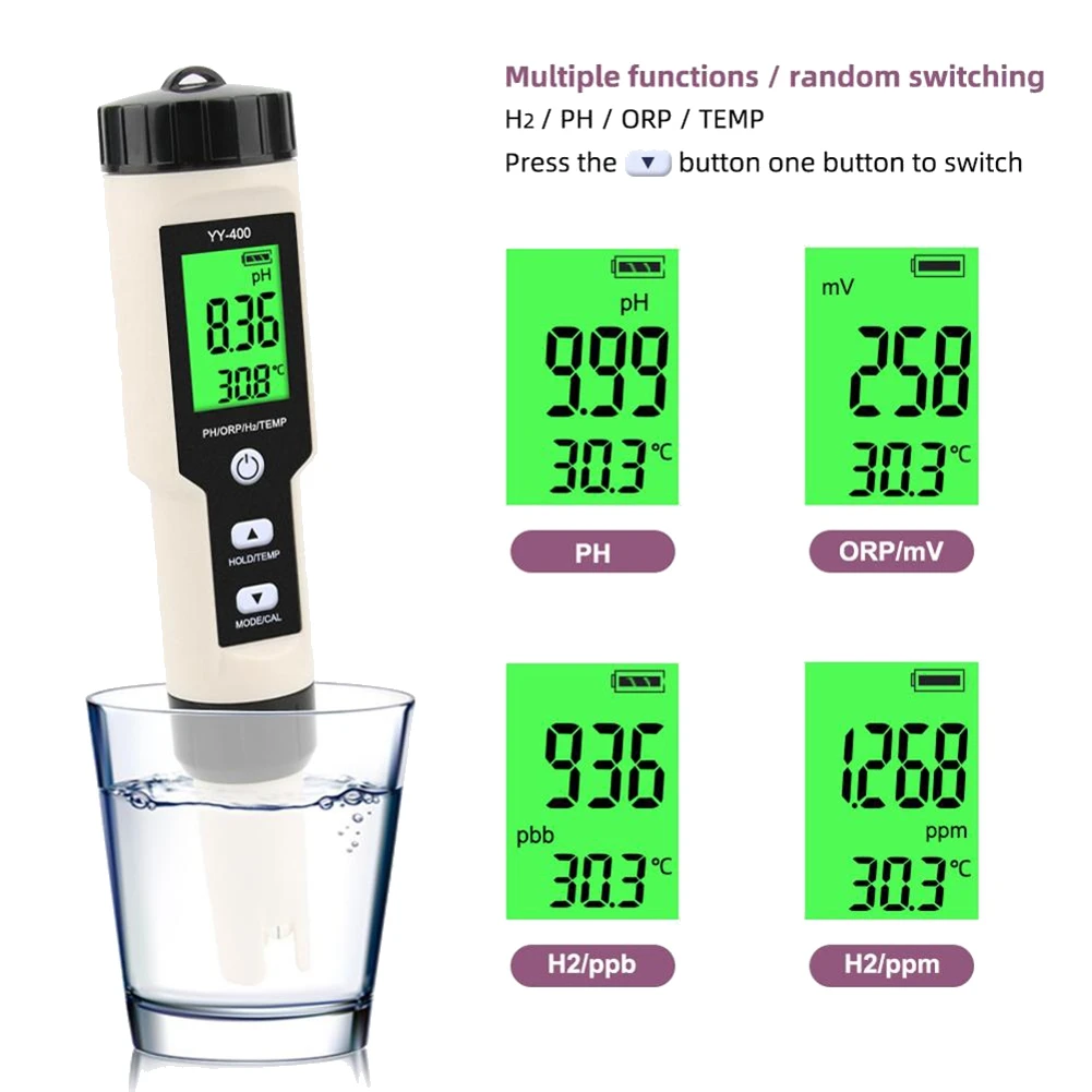 A39U 4 in 1 YY-400 PH/ORP/H2&TEM Meter Digital Hydrogen Ion Concentration Tester for Aquarium, Swimming Pool, Backlight