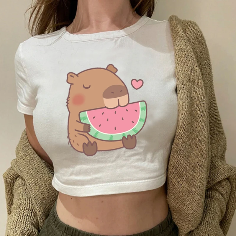 

Capybara T Shirht Capybira Cartoon Graphic Crop Tops Casual O-Neck Women's Short T-shirt Streetwear Short Sleeves Y2K Baby Tees