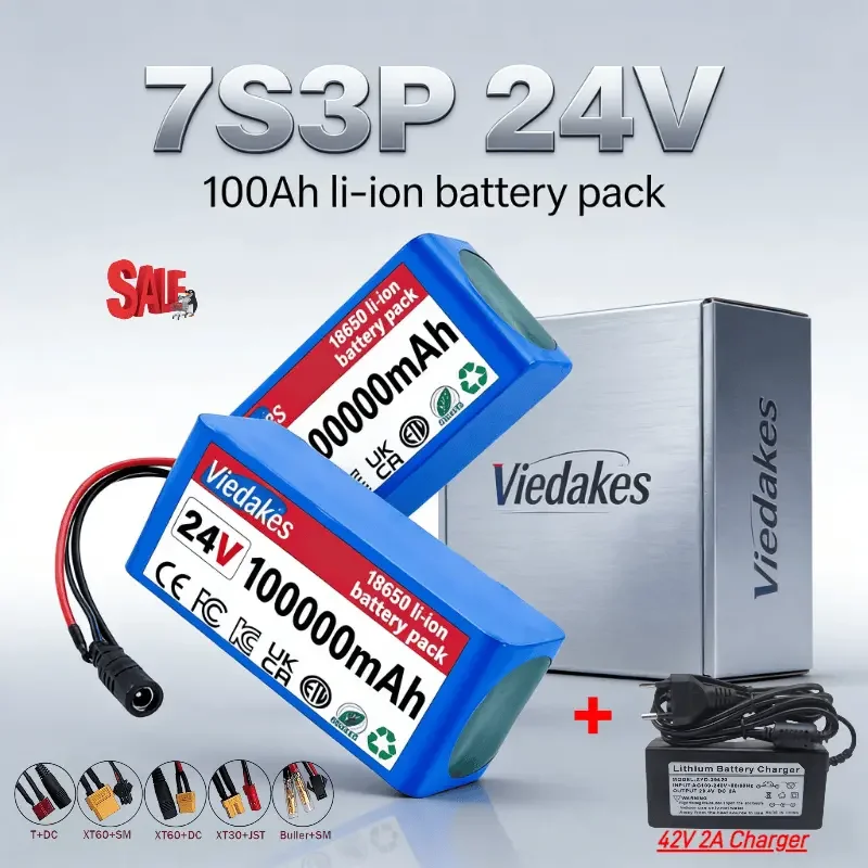 

VIEDAKES 24V 18650 100Ah Battery 배터리팩 7S3P With Charger Customizable Interface For Outdoor Use Rechargeable Li-ion