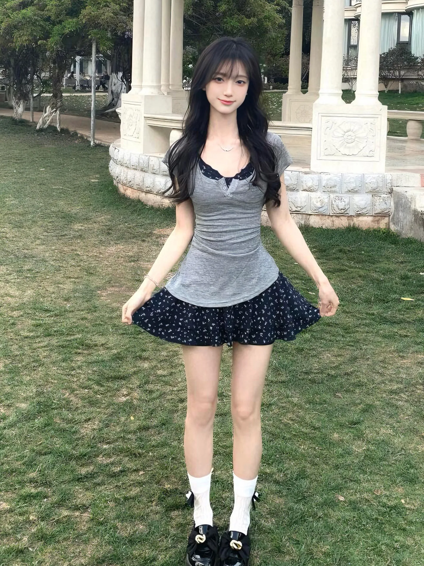 Korean Style Summer Outfit Set Women's Waist-Cut Floral Strap Dress Short Sleeve T-Shirt Layering Two-Piece Set Casual A-Line...