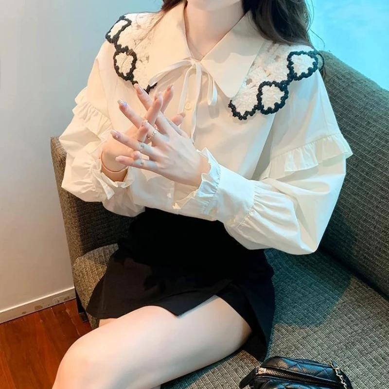 

Korean Lace Patchwork Loose Youth Blouse Long Sleeve Solid Sweet Cute Shirt Tops Spring Autumn Fashion Elegant Women Clothing