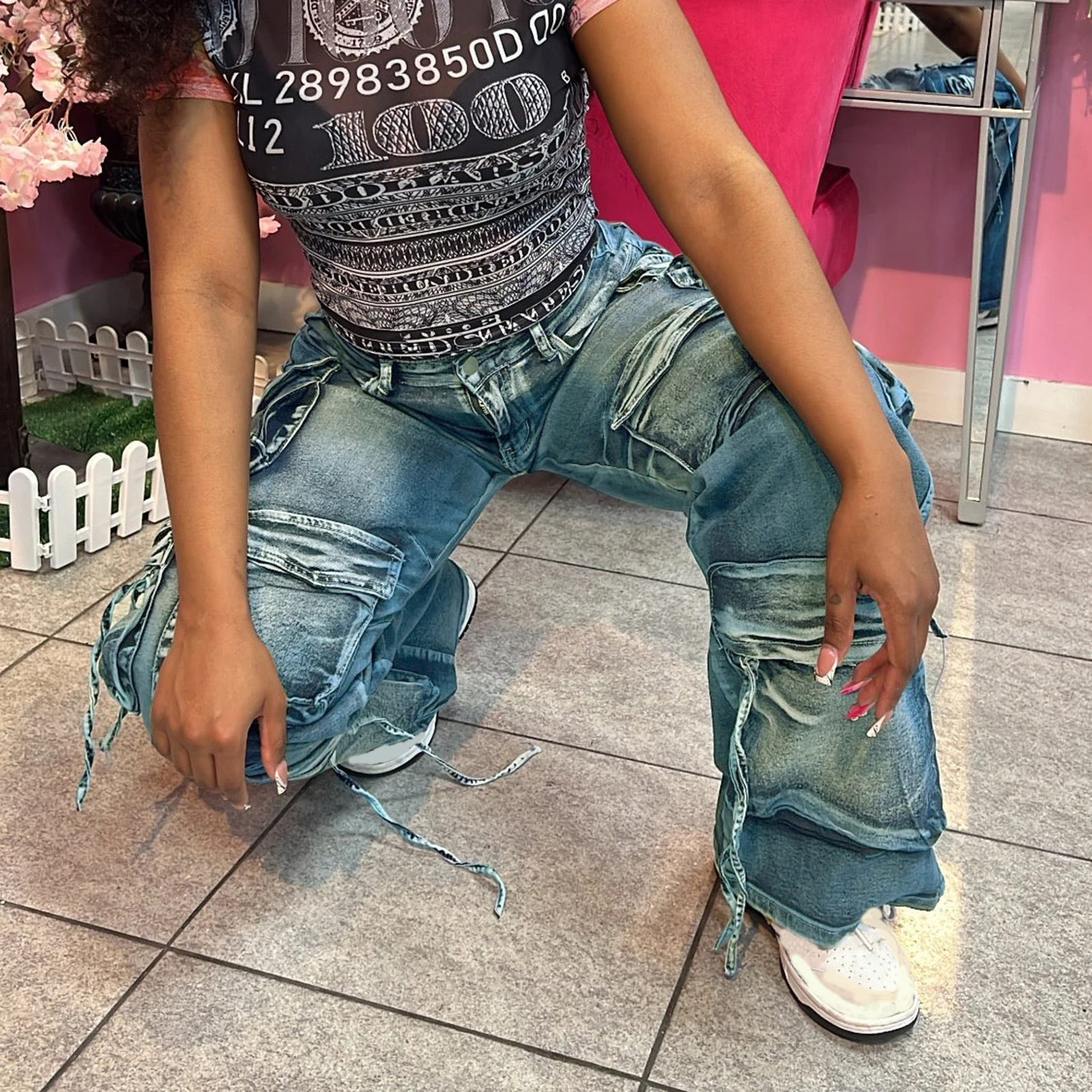 Calça jeans cargo feminina retrô, cintura média, com vários bolsos, calça comprida casual para escritório ao ar livre