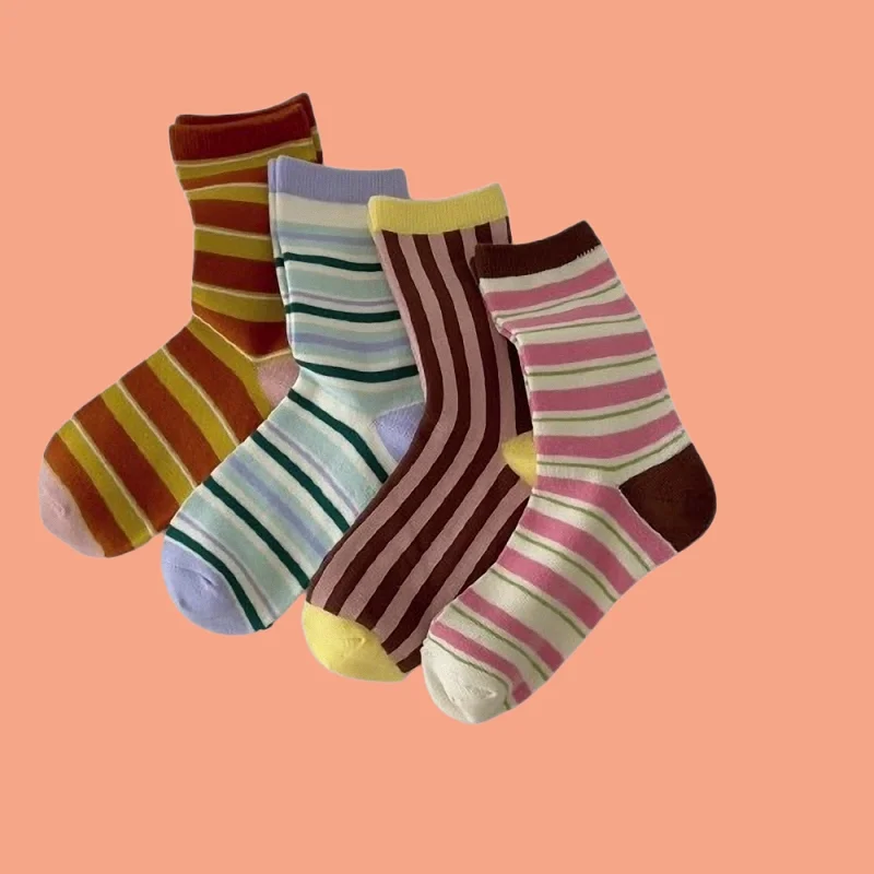 4/8 Pairs High Quality Mid-tube Combed Cotton Trendy Casual Socks Spring And Summer Women's Boneless Candy Color Striped Socks