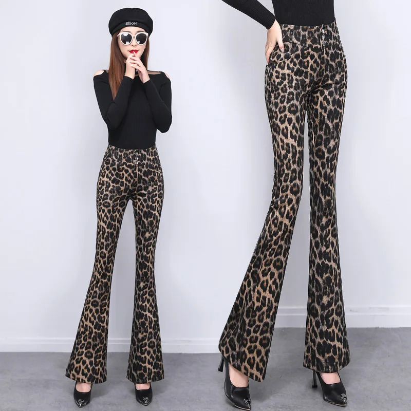 

Chic Korean Ladies Leopard Print Bell-bottoms Pants Women OL High Waist Zipper Fly Trousers Female Streetwear Clothes BPy8173