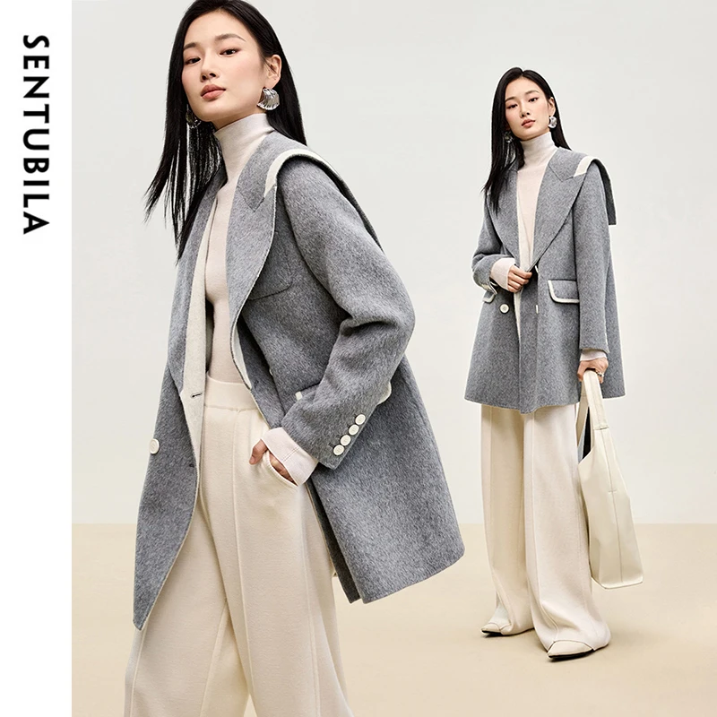 

SENTUBILA 100% Woolen Coat Women Winter 2024 Straight Spliced Sailor Collar Double Breasted Texture Outwear Female W44O55977