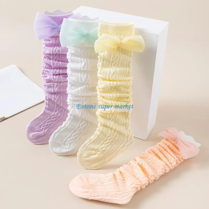 

090B Nonslip Over Knee Socks for Girls Soft Cotton Blend Decorative Lace and Bowknot Detail Comfortable Daily Wear