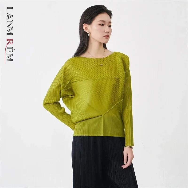 LANMREM, camiseta plisada de manga larga de gama alta para mujer, ajuste holgado, cuello redondo, cintura agitada, jersey de manga Bawting, Top 2DB5180